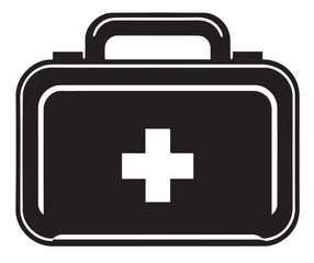 A stark black and white icon of a first aid kit, prominently featuring a white cross, symbolizing emergency medical care, health, and safety.