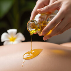 Massage oil cascades onto a person's back, suggesting relaxation and therapeutic care in a spa-like setting