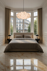 A serene bedroom features a large bed under a unique cloud-shaped light, positioned within a bay window offering a city view