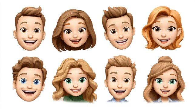 Variety of memoji expressions showcasing diverse hairstyles and cheerful faces for playful communication online