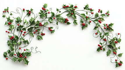 Decorative holly branches with red berries frame the top and sides on white