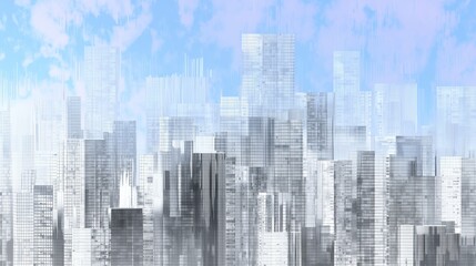 Ethereal blue-tinted futuristic cityscape, translucent glass architecture, dreamy atmospheric landscape, holographic building effects, misty modern skyline, clean minimalist architectural design