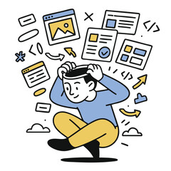 Creative illustration of person overwhelmed by digital information, showcasing various web
