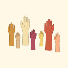 Raised hands in various skin tones, united in diversity