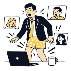 Man in suit and shorts surprised during video call, humorous situation, remote work