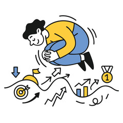 Jumping figure with graphs and targets symbolizes achievement and progress