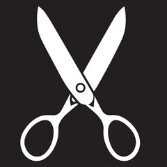 A striking white silhouette of open scissors, with blades crossed, set against a solid black background.