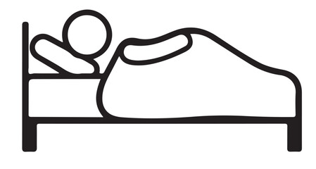 A simple black and white stick figure icon depicting a person sleeping comfortably in a bed under a blanket.