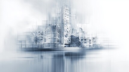 Obraz premium Ethereal blue-tinted futuristic cityscape, translucent glass architecture, dreamy atmospheric landscape, holographic building effects, misty modern skyline, clean minimalist architectural design