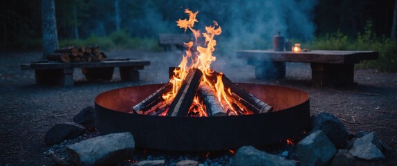 Campfire burning in the forest with benches in the background during evening or night. Outdoor fire and camping scene. Fireside gathering in nature.
