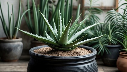Aloe vera plant in a black pot with other potted plants in the background.
