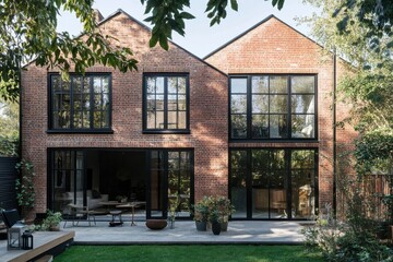 A contemporary brick home featuring expansive windows, nestled amidst lush greenery in a charming residential neighborhood, bathed in daylight
