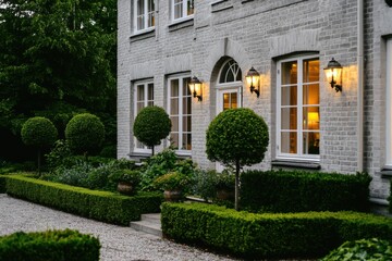Obraz premium Elegant garden landscape surrounding a stylish brick house with well-trimmed hedges and charming lighting in the early evening glow