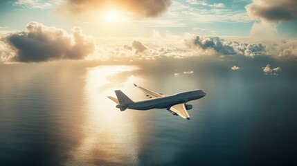 Aerial view of an airplane flying above the ocean during a beautiful sunset with clouds. Journey through the sky.