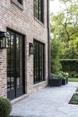 Beautiful exterior of a modern brick house showcasing garden details and elegant pathways in a serene suburban setting during daytime