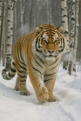 Obraz premium Striped Siberian tiger, a majestic wild feline predator, in the snow