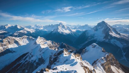 Snow-capped mountain range with towering peaks and clear blue sky. Nature and landscape, high-altitude environment. Exploring the majestic mountains.