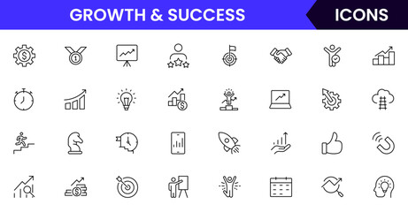Vector line icons of growth, success, progress, goals, achievement, leadership, motivation, career, business strategy, and performance ideal for apps, websites, and presentations.
