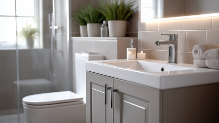 Fototapeta premium Luxury Small Bathroom Featuring Sleek Cabinetry, Matte Ceramic Floor, and LED Vanity Mirror – Modern Interior Design for Urban Living Spaces