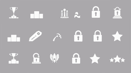 A grid of white silhouette icons on a grey background, featuring various symbols like trophies, podiums, locks, stars, and abstract elements.