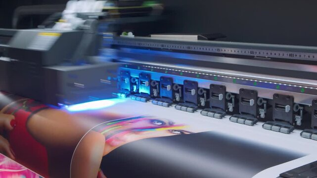 Industrial wide inkjet printer prints multicolor image on paper or fabric, modern industrial technologies concept