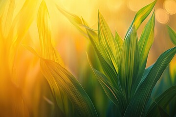 The sun sets behind the green leaves of corn, a close-up, macro photograph, with a vast farmland