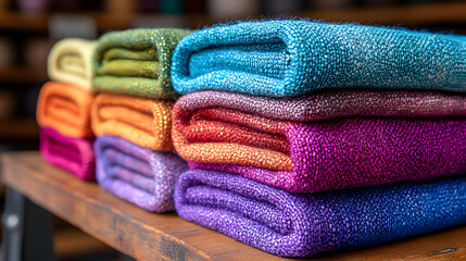 Stack of vibrant handwoven textiles showcasing a spectrum of rich colors
