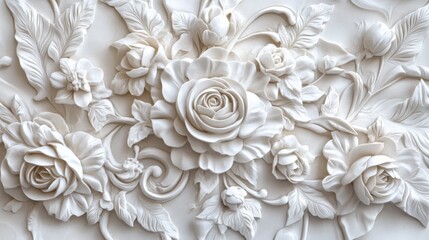 Intricate white floral relief design on a wall, showcasing roses, leaves, and swirls in a classic style.