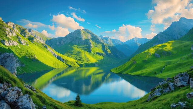 Vibrant green hills surrounding a calm lake in a mountainous landscape with dramatic peaks and a bright blue sky.