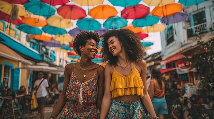 Fototapeta premium Joyful Women Walking Under Colorful Umbrellas