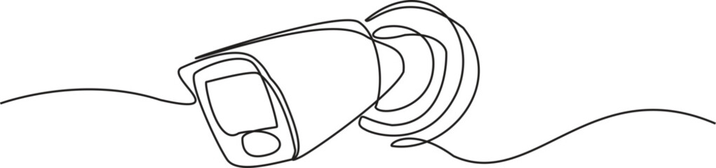 One line drawing of CCTV security camera mounted on wall. Minimalist continuous line art for surveillance and technology. Vector illustration