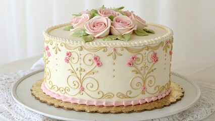 Elegant round cake decorated with pink roses and gold scrollwork