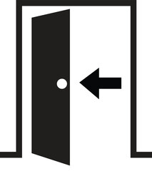 A simple line drawing of an open door with a handle and panels in a white room with a white floor, Vector Illustration