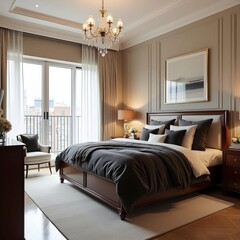 Luxury Modern Bedroom Interior: Elegant Dark Gray Bedding,  Rich Wood Furnishings, and Crystal Chandelier.