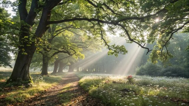 Morning mist graces the park and forest, with sunlight filtering through green trees, illuminating the tranquil river and rocky cascades  4k background video footage