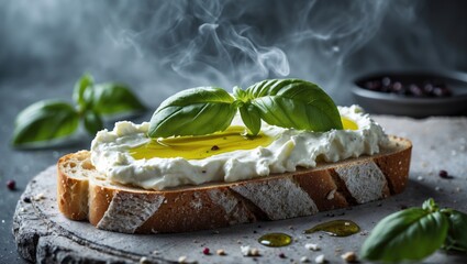 A slice of bread topped with cheese, fresh basil leaves, olive oil, and black pepper, with steam rising, on a dark background.