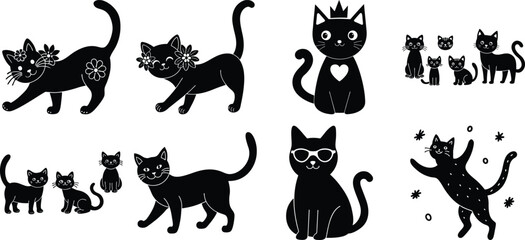 Vector art of a charming collection of cute black cat silhouettes isolated on transparent background, perfect for various designs