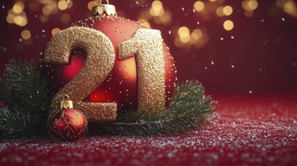 Festive 21st Celebration with Christmas Ornaments and Sparkling Bokeh Background
