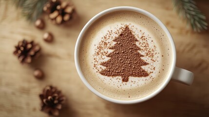 Festive cappuccino art with a Christmas tree design and holiday decorations
