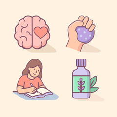 Flat vector of brain with meditation pose representing inner peace, mental healing, and cognitive balance through mindfulness