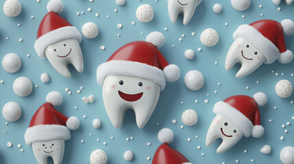 Festive cartoon teeth wearing Santa hats scattered among snowballs on a blue surface