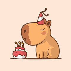 Vector illustration of a cute capybara in a party hat sitting in front of a birthday cake with candles  isolated on white in cartoon style.