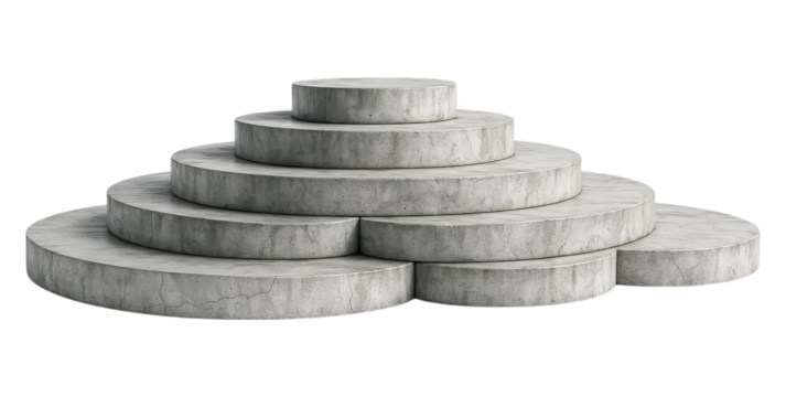 Layered Circular Concrete Platforms for Display in Gradual Ascension, Showcasing Industrial Texture and Design, Isolated on Transparent and White Background