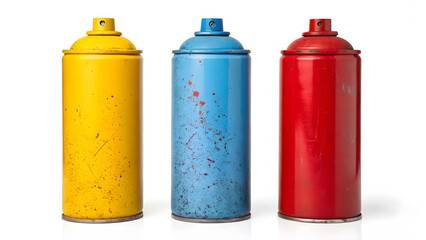 Vivid array of colorful spray paint cans displayed against a stark white backdrop, perfect for creative projects and artistic inspiration.