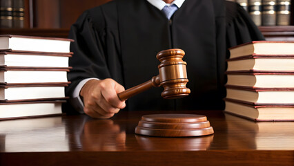 Justice is served with a gavel being held in hand by a judge in a courtroom, with law books on the table