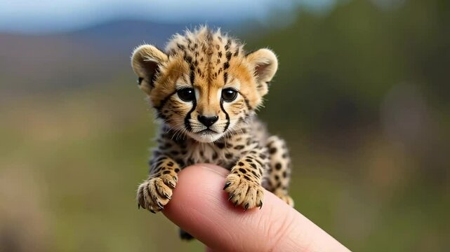 Tiny cheetah cub perched gently on a human fingertip, soft focus