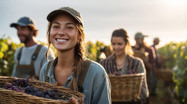 Smiling female winemaker harvesting grapes