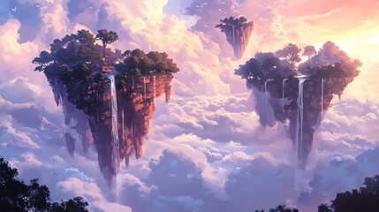 Sky Islands: An ethereal scene of floating islands amidst a sea of clouds at dawn, invoking a sense of wonder, fantasy, and peace.