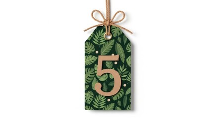 A tag with a leaf pattern and the digit five hanging from a twine on white