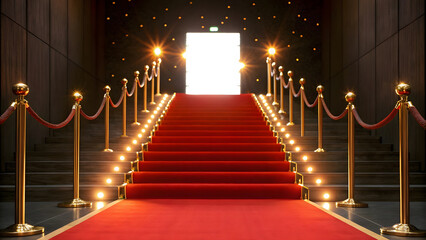 A radiant red carpet leads up the stairway to success with shimmering golden stanchions and bright stage lighting.
